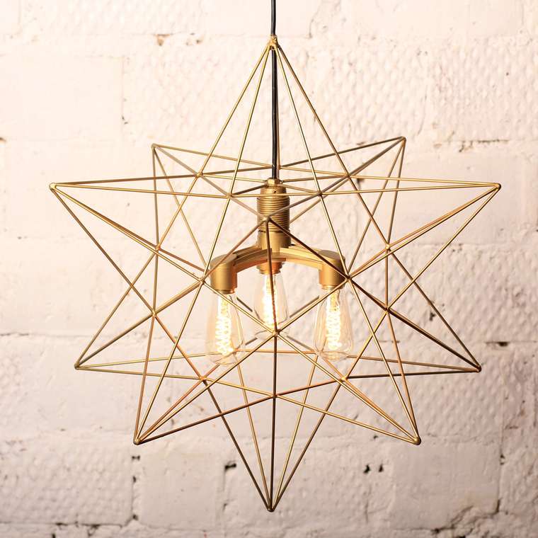 Подвесная люстра «Звезда» с тремя ретро лампочками золотая 