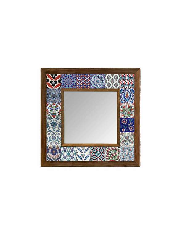 Настенное зеркало 33x33 с каменной мозаикой сине-белого цвета