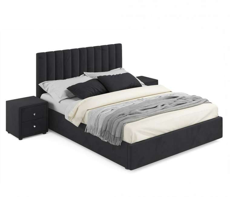 Кровать с подъемным механизмом и двумя тумбами Olivia 160х200 черного цвета