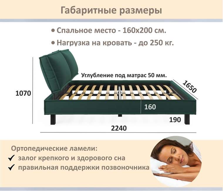 Мягкая кровать Bali 160х200 зеленого цвета без подъемного механизма