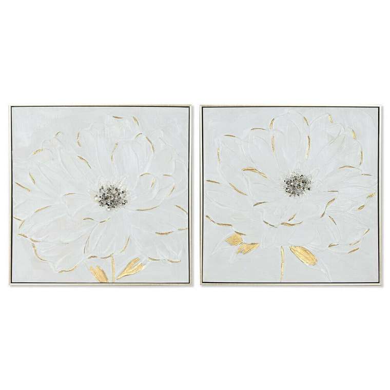 Картина Белый Позолоченный полистирол Полотно Цветок Shabby Chic 62 x 4,5 x 62 cm (2 штук)