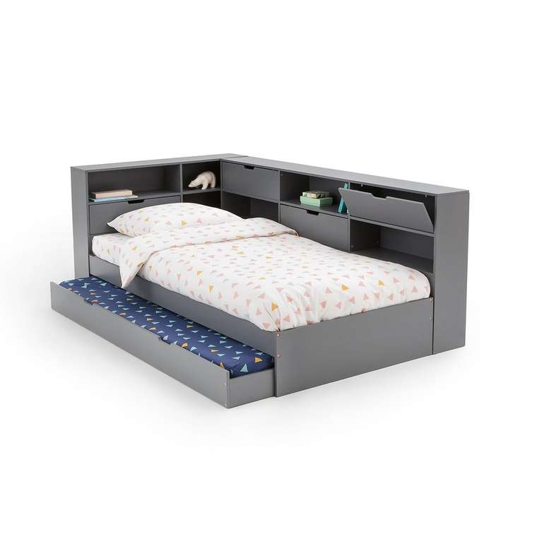 Кровать с ящиком отделениями для вещей и кроватным основанием Yann 90x190 серого цвета