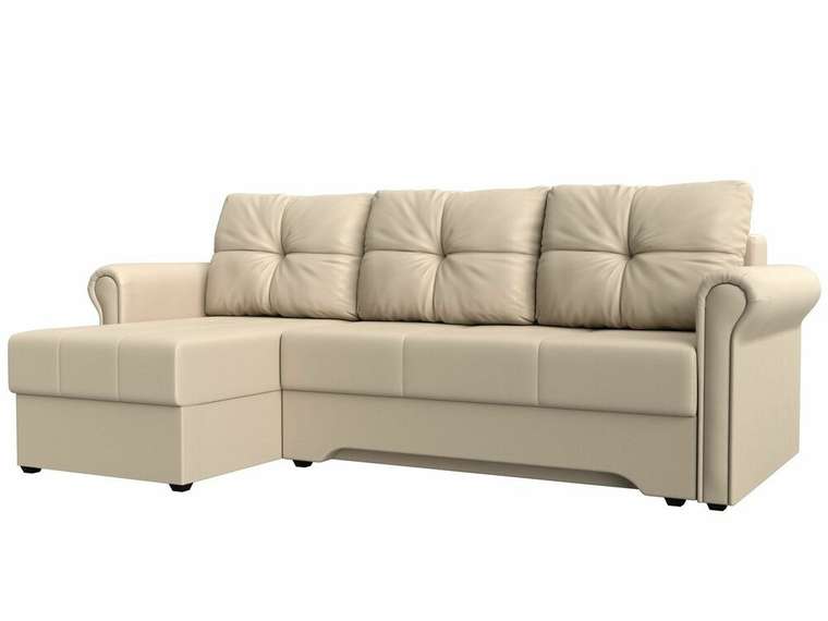 Угловой диван-кровать Леон бежевого цвета (экокожа) левый угол