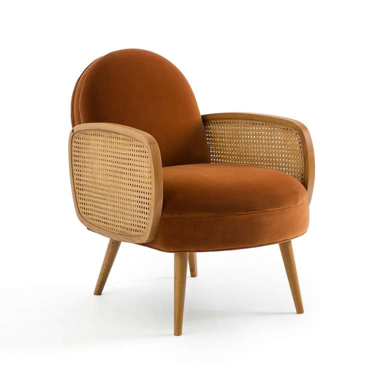 Кресло из велюра и плетеной отделкой Buisseau коричневого цвета