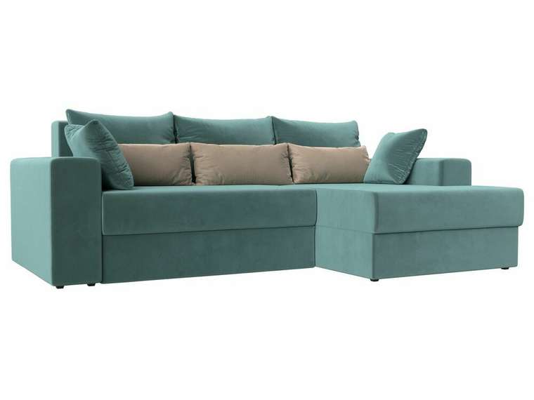 Угловой диван-кровать Майами бирюзового цвета с бежевыми подушками правый угол