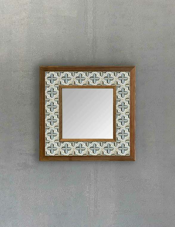 Настенное зеркало 33x33 с каменной мозаикой бежево-синего цвета