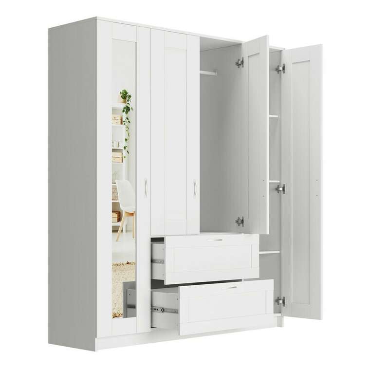 Шкаф четырехдверный с двумя выдвижными ящиками и зеркалом Сириус белого цвета