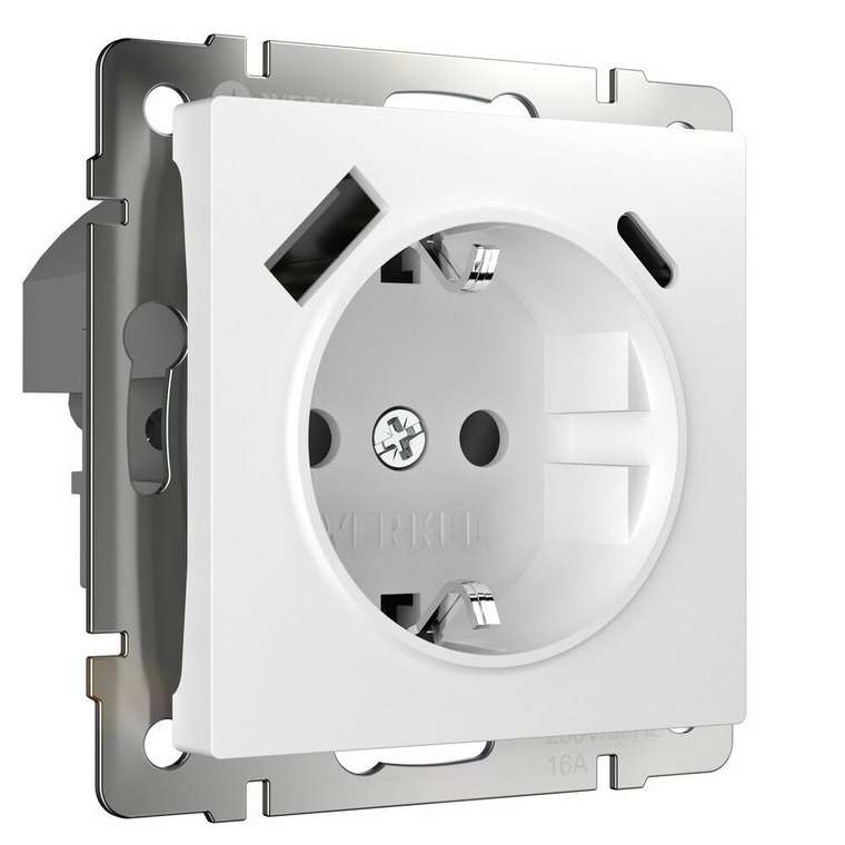 Розетка с заземлением, шторками и USB тип A+C белый W1171701