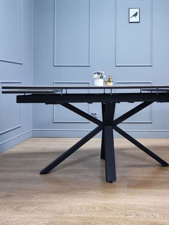 Раздвижной обеденный стол ME1600 черный/керамика мрамор белый