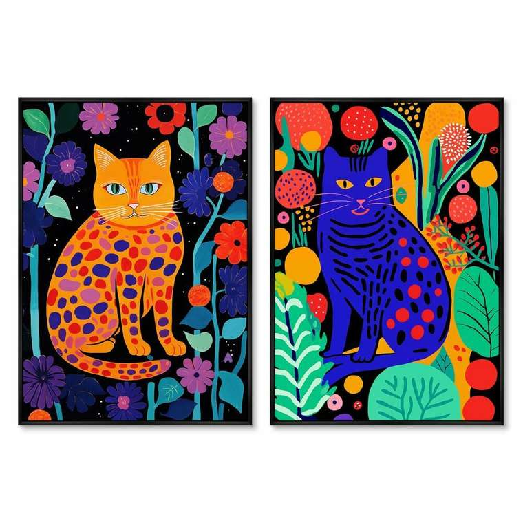 Набор из двух репродукций картин Kitties in flowers, 2024г.