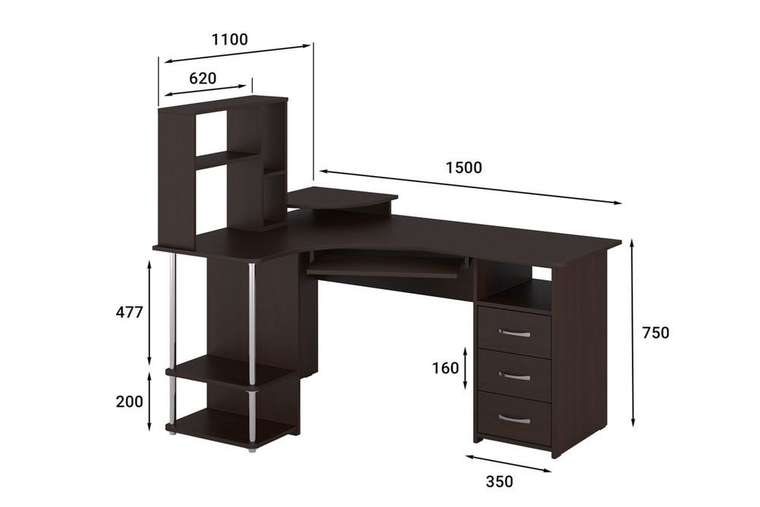 Стол компьютерный с полкой темно-коричневого цвета