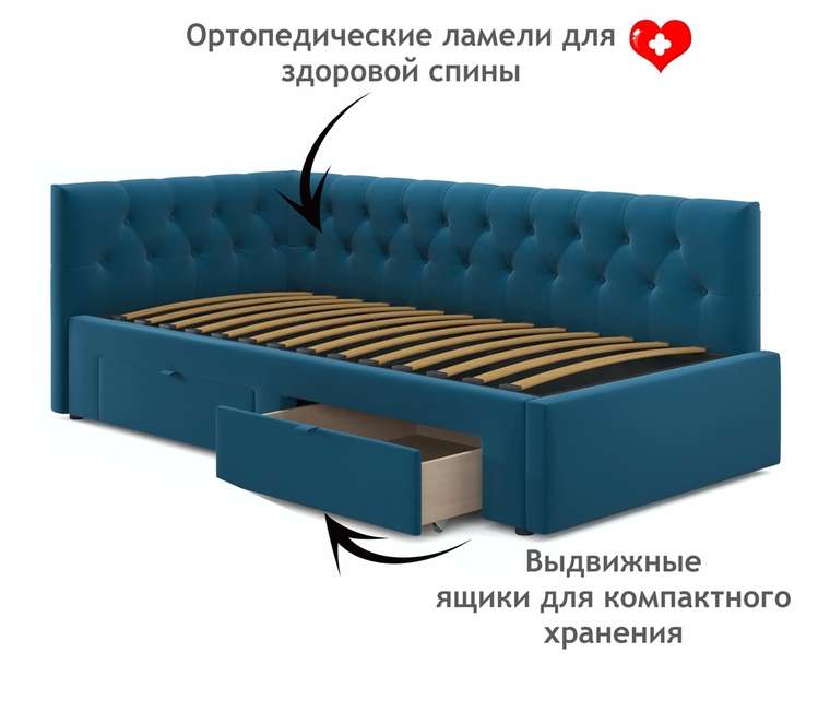 Кровать-тахта Afelia с ящиками 90х200 синего цвета без подъемного механизма