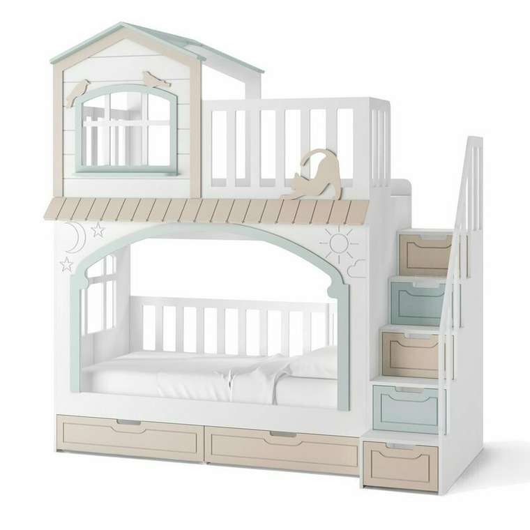 Кровать Кошкин дом 90х180 бело-голубого цвета с лестницей справа