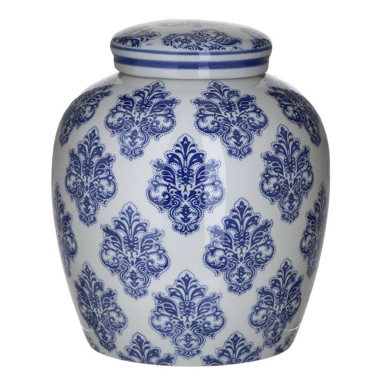 Керамическая ваза бело-синего цвета с крышкой