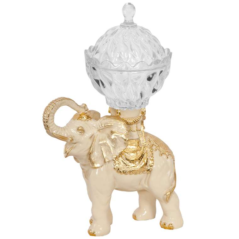 Фруктовница Слон Айрават кремово-золотого цвета со стеклянной чашей с крышкой