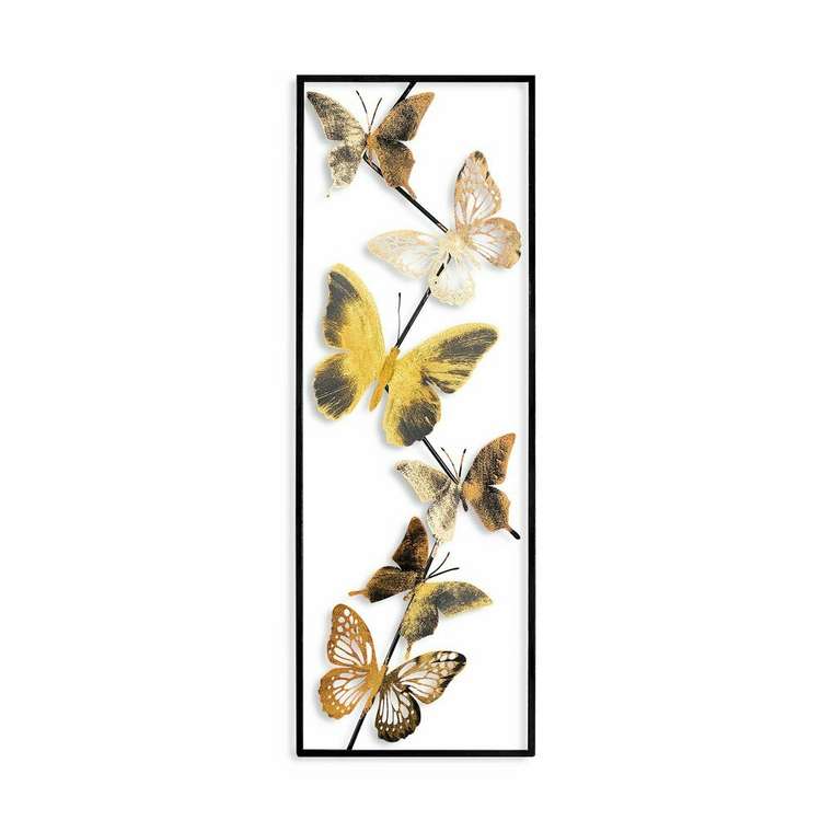 Настенный декор ручной работы Бабочки 32х90 из металла черно-желтого цвета