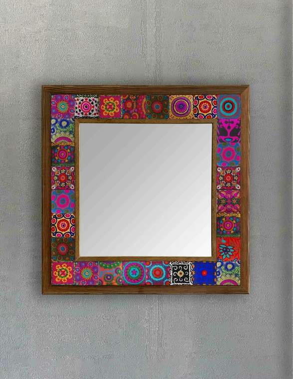 Настенное зеркало с каменной мозаикой 43x43 розово-коричневого цвета