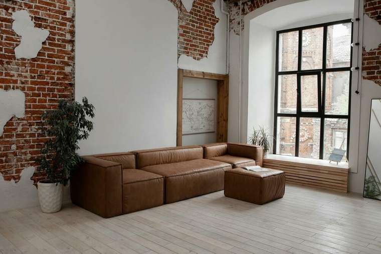 Угловой модульный диван с пуфом Комби светло-коричневого цвета