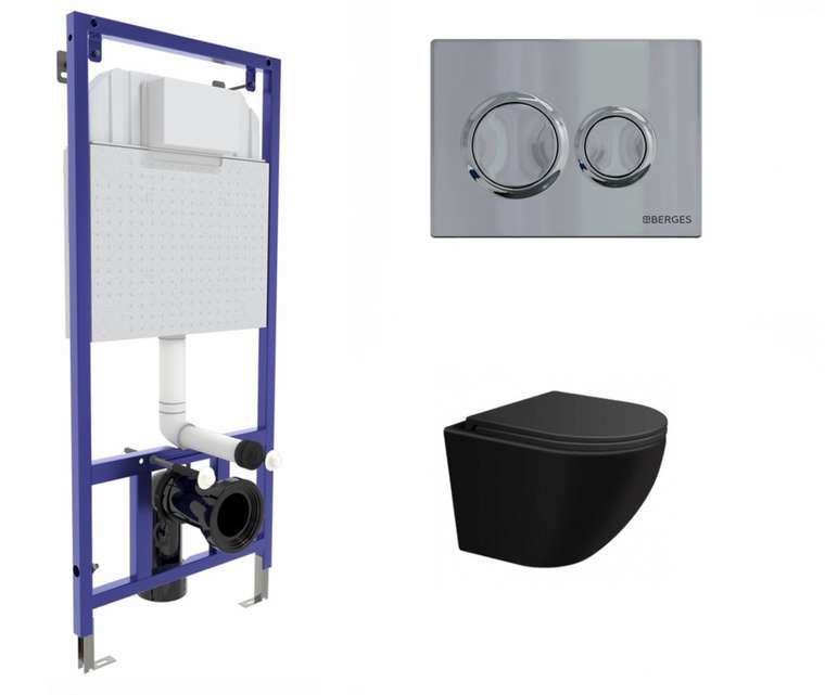 Комплект 3 в 1 инсталляция Berges Novum O3 + Подвесной унитаз SinteSi EVI черный с кнопкой глянцевой хром
