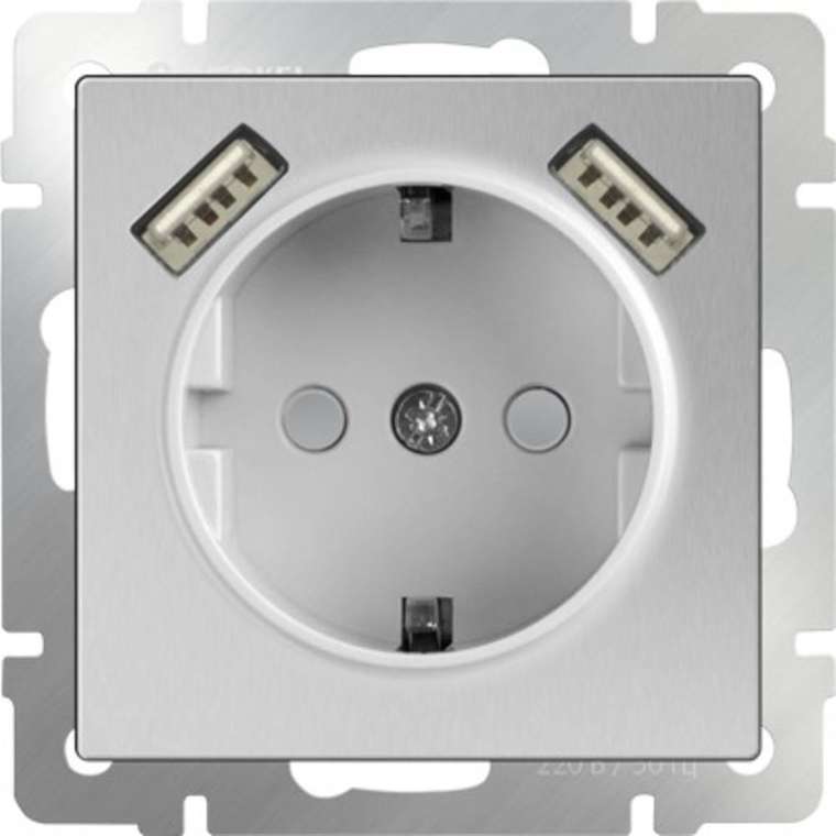 Розетка с заземлением и USB серебряного цвета