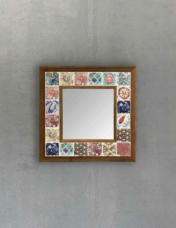 Настенное зеркало 33x33 с каменной мозаикой бежево-голубого цвета