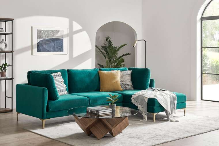Угловой модульный диван изумрудного цвета