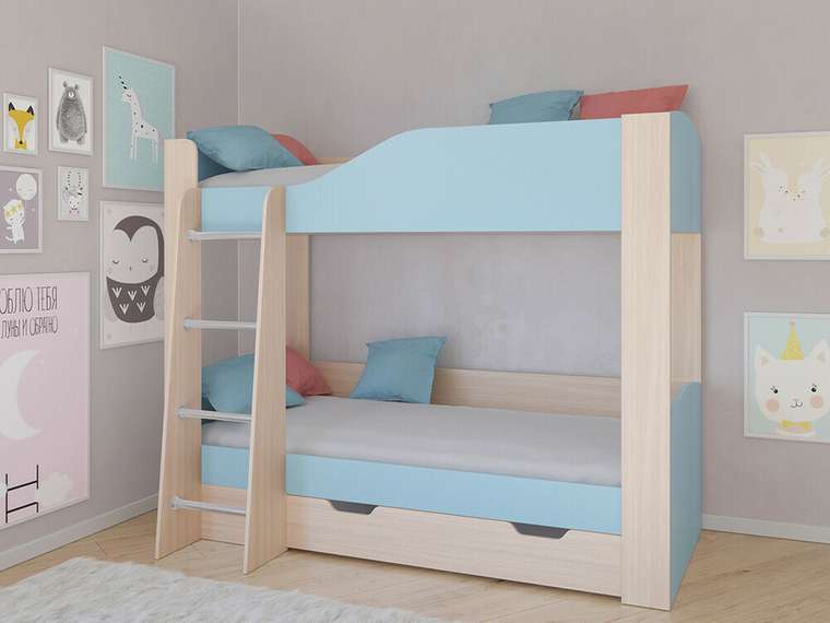 Двухъярусная кровать Астра 2 80х190 цвета Дуб молочный-голубой