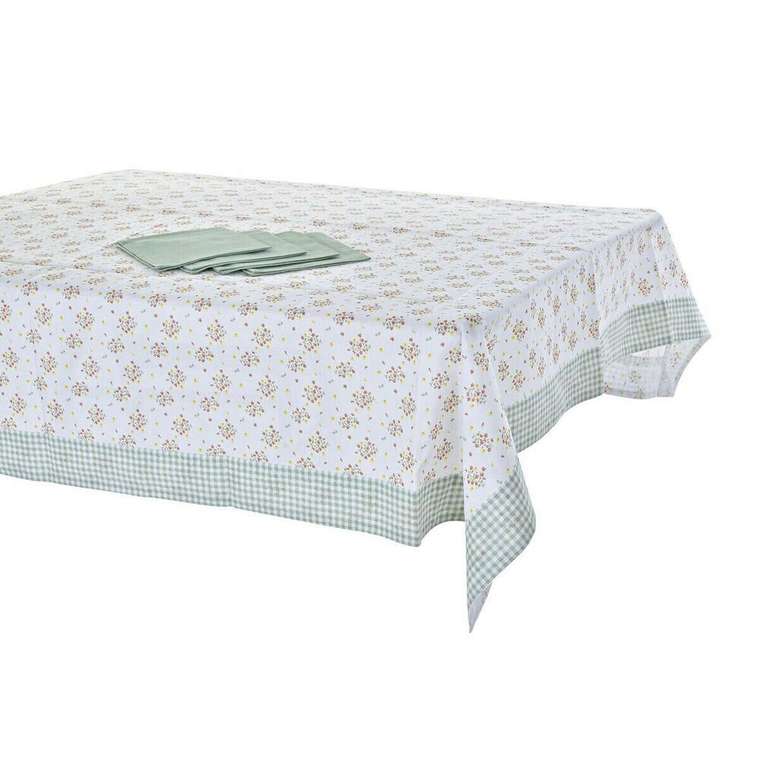 Скатерть с салфетками Цветы 150x250 зелено-белого цвета 