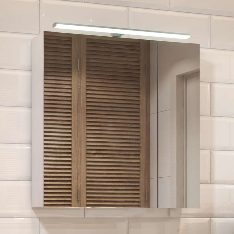 Шкаф навесной с зеркалом Plaza 70 белого цвета со светильником