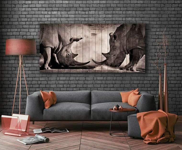 Картина на дереве Носороги 60х130 см