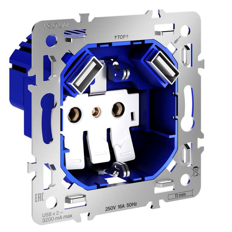 Механизм розетки с заземлением и защитными шторками 16А, с USB A+A, S70