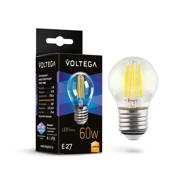 Лампочка Voltega 7214 Globe E27 6W Crystal
