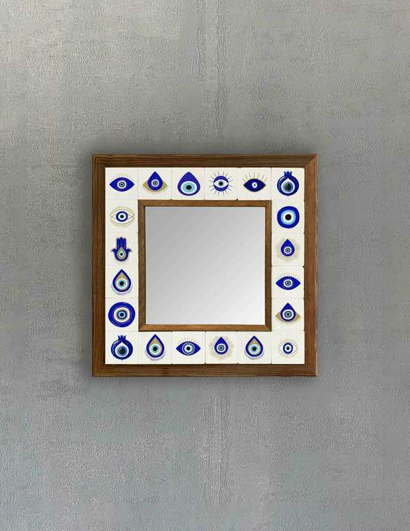 Настенное зеркало 33x33 с каменной мозаикой бело-синего цвета