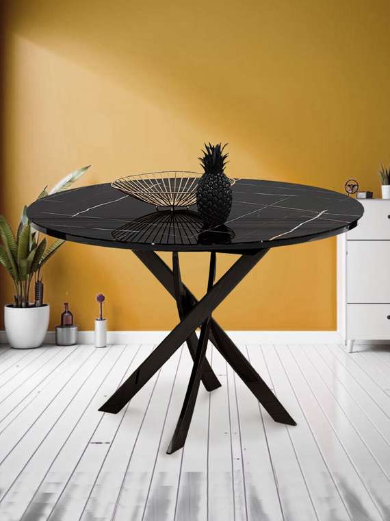 Раздвижной обеденный стол R1100 с каменной столишницей цвета черный глянец