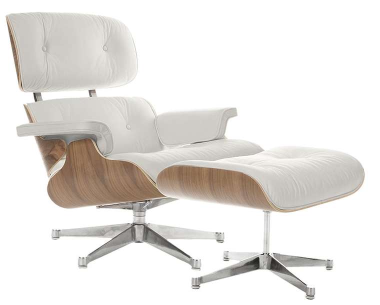 Кресло Eames Style Lounge Chair  Ottoman белая кожа/орех 