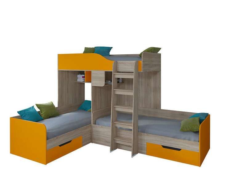 Двухъярусная кровать Трио 80х190 цвета Дуб Сонома-оранжевый
