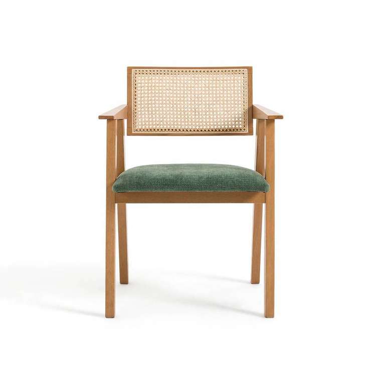 Кресло винтажное из бука и плетения Baldo бежево-зеленого цвета
