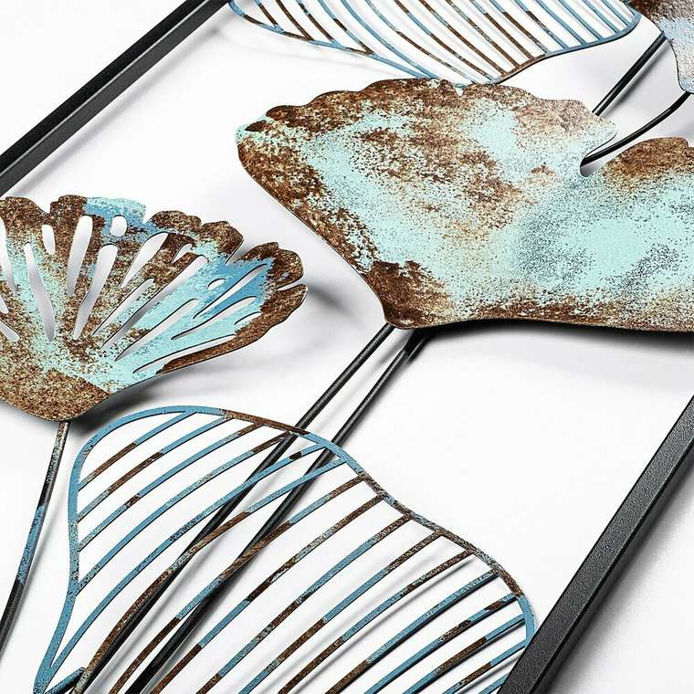 Настенный декор ручной работы Листья 32х90 из металла коричнево-голубого цвета