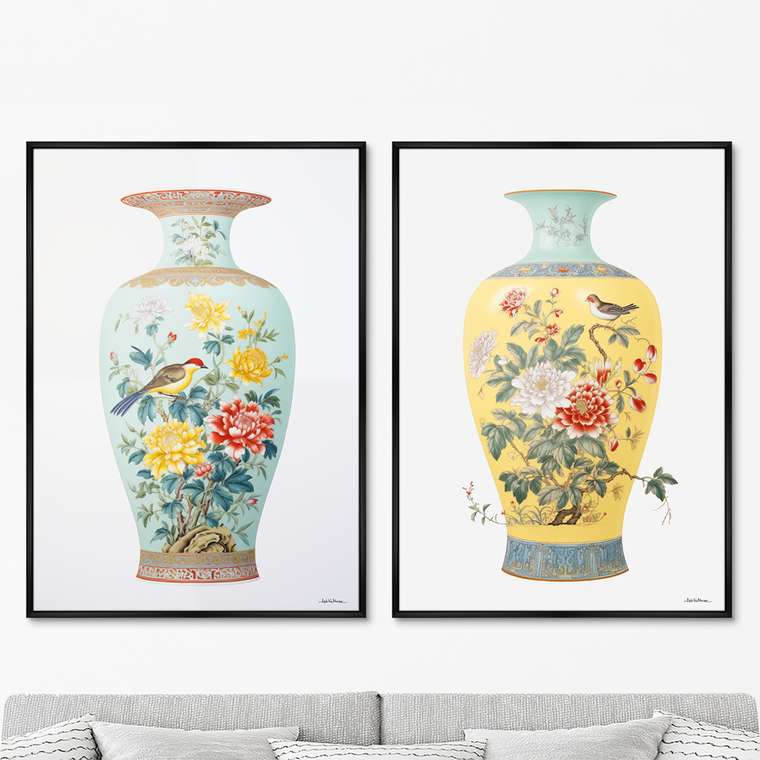 Набор из двух репродукций картин China porcelain vase, light colors, 2024г.