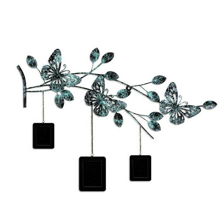 Настенный декор ручной работы Бабочки 65х93 из металла черно-голубого цвета
