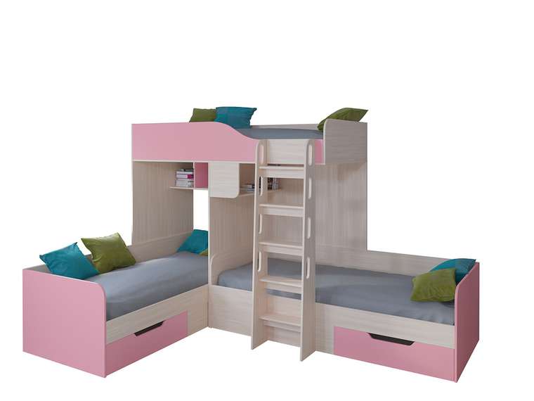 Двухъярусная кровать Трио 80х190 цвета Дуб молочный-розовый