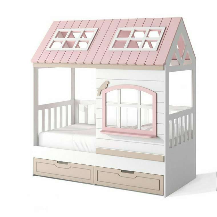 Кровать-домик 80х160 бело-розового цвета левая