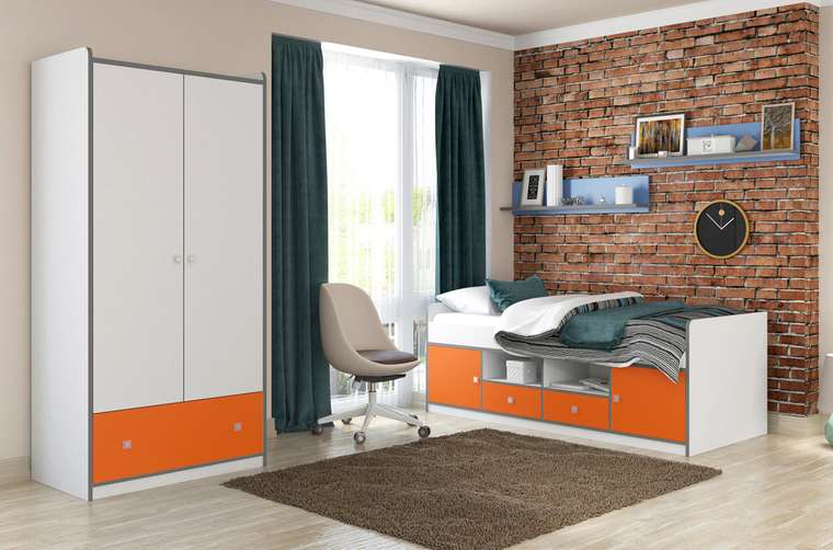 Кровать Дельта Сильвер 90х200 бело-оранжевого цвета без подъемного механизма