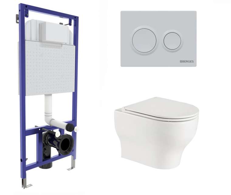 Комплект 3 в 1 инсталляция Berges Novum O4 + Подвесной унитаз WeltWasser Erlenbach 004 GL-WT с кнопкой белой