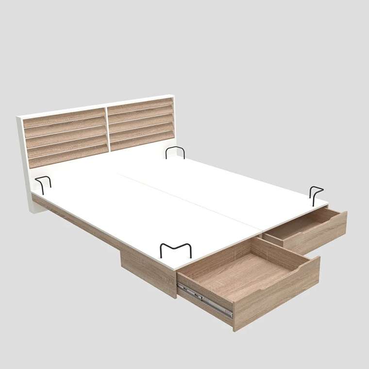 Кровать Заря 180х200 бело-бежевого цвета с ящиками и подсветкой без подъемного механизма