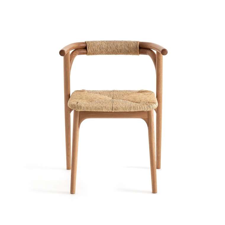 Кресло для столовой из дуба и соломы Fermyo бежевого цвета