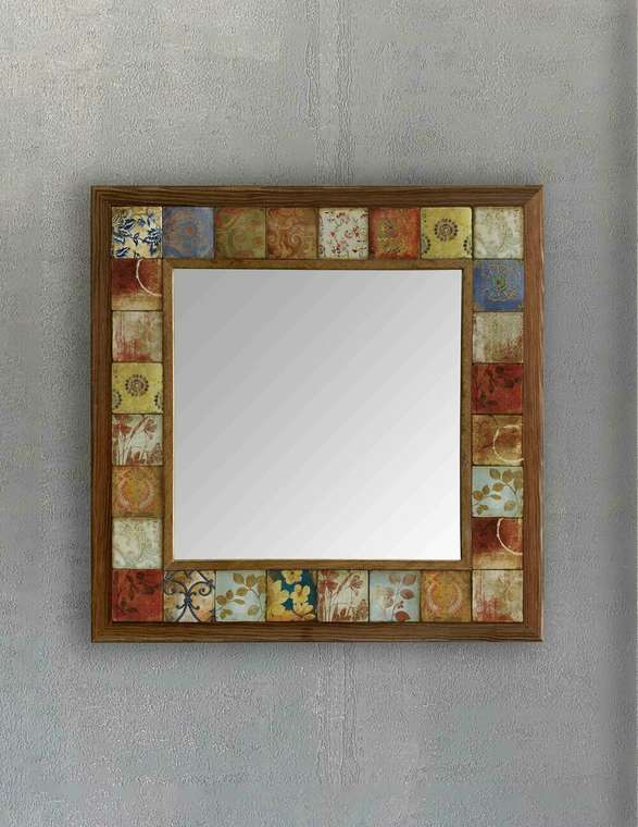 Настенное зеркало с каменной мозаикой 43x43 коричнево-бежевого цвета