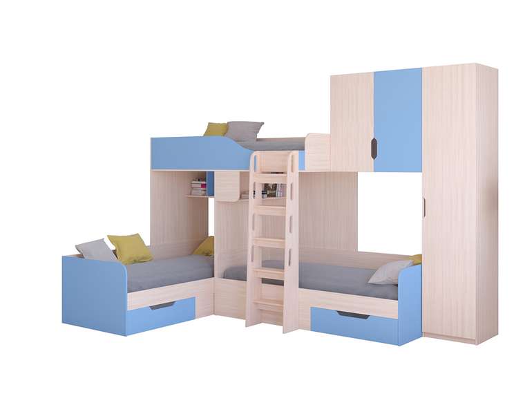 Двухъярусная кровать Трио 2 80х190 цвета Дуб молочный-голубой