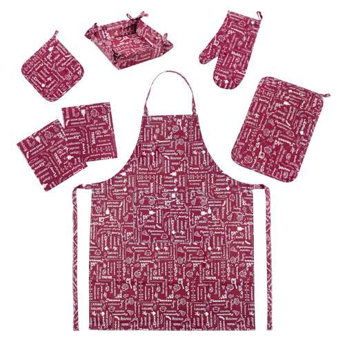 Набор для кухни 'Правила кухни' 7 предметов (прихватка-рукавичка, прихватка, текстильная ваза, подставка под горячее, фартук, полотенце - 2 шт), рогожка, 100 % хлопок, 'Вишня'