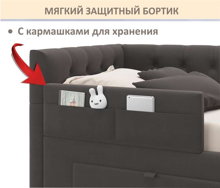 Мягкий защитный бортик-ограничитель для кровати шоколадного цвета